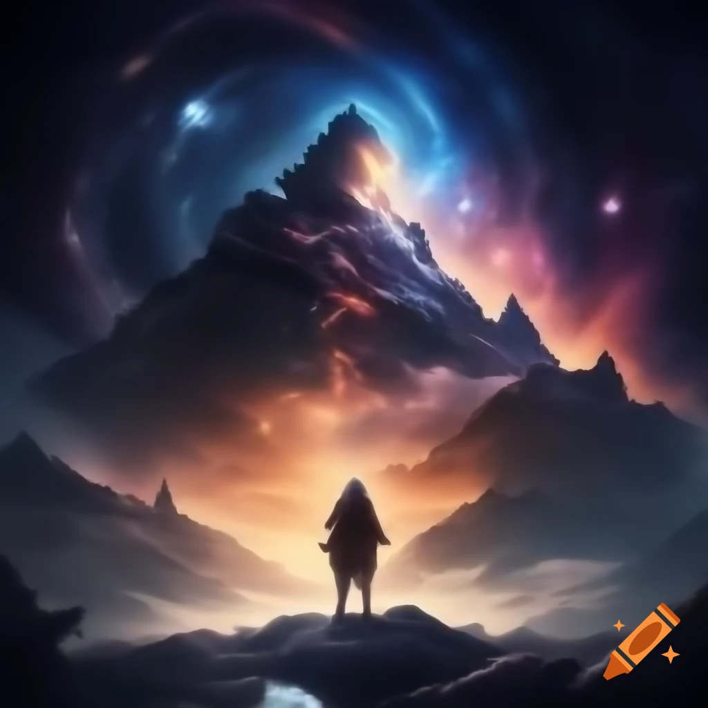 Person standing on mountaintop with cosmic colors and magical map