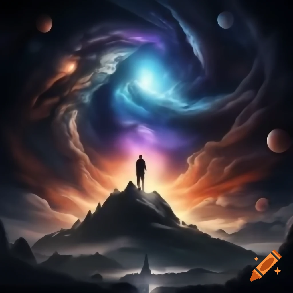 Person standing on mountaintop with cosmic colors and magical map