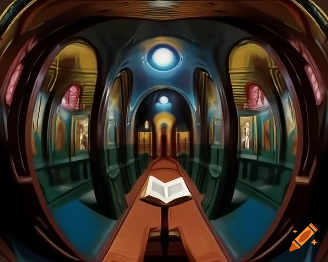 Open book on table in church with iconostasis and beautiful illumination