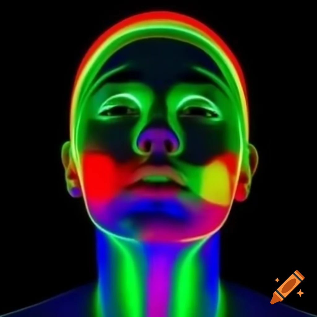 Friendly alien with multicolored skin and fluorescent red eyes playing basketball