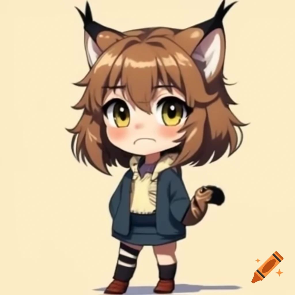 Anime chibi style girl with wild bobcat