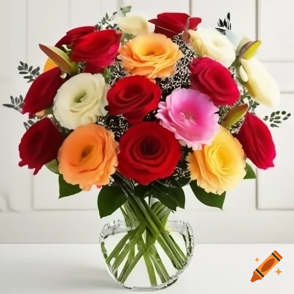 Floral arrangement with 6 colorful roses and 3 orange gerberas