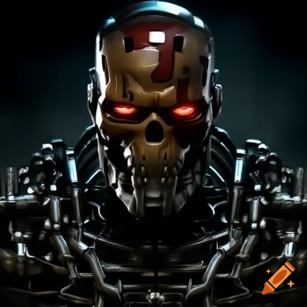 Terminator endoskeleton in dark digital art with cinematic lighting