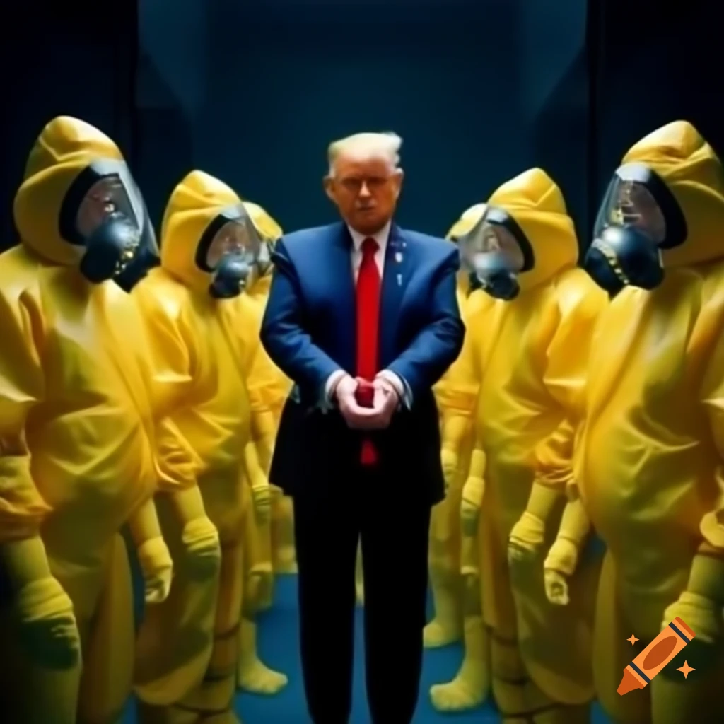 Photorealistic satire of Donald Trump handcuffed by men in yellow hazmat suits