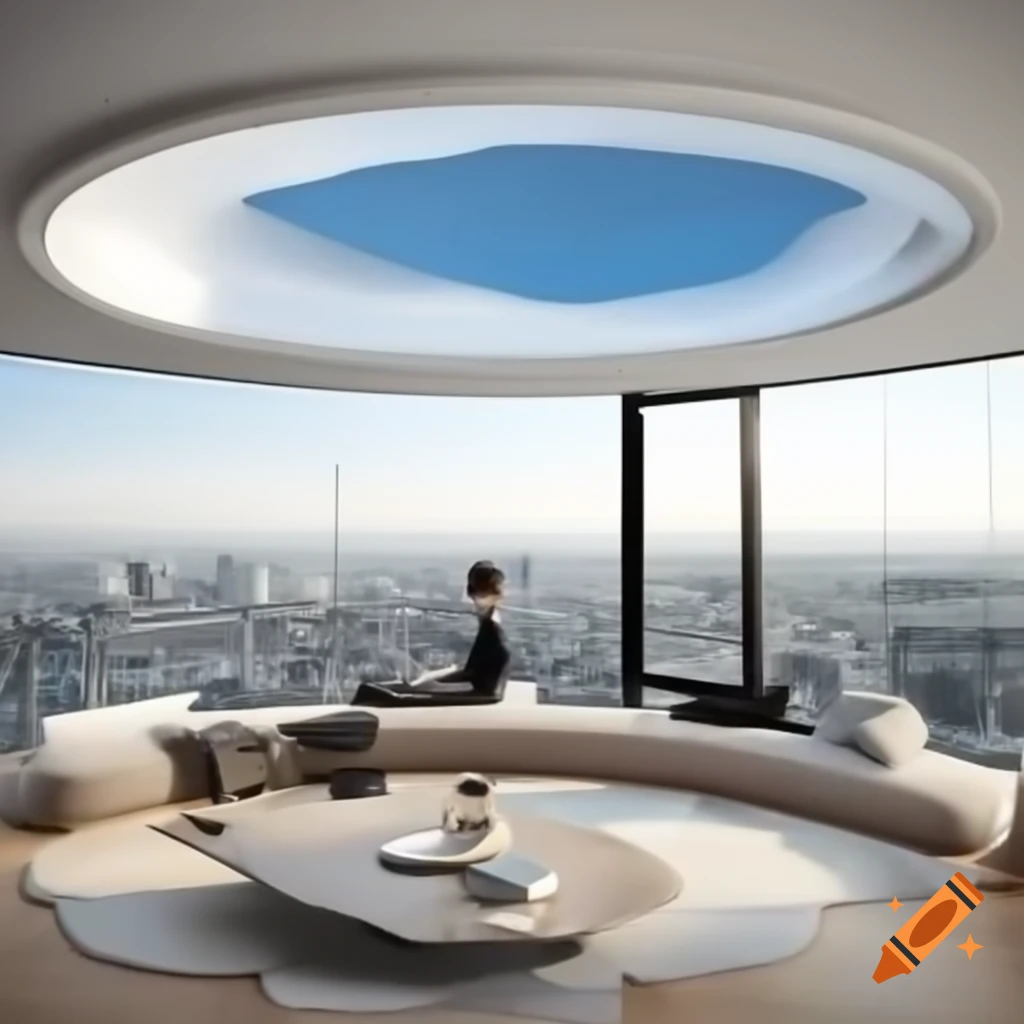 Luxury apartment in modern skyscraper with high ceilings and marble floor