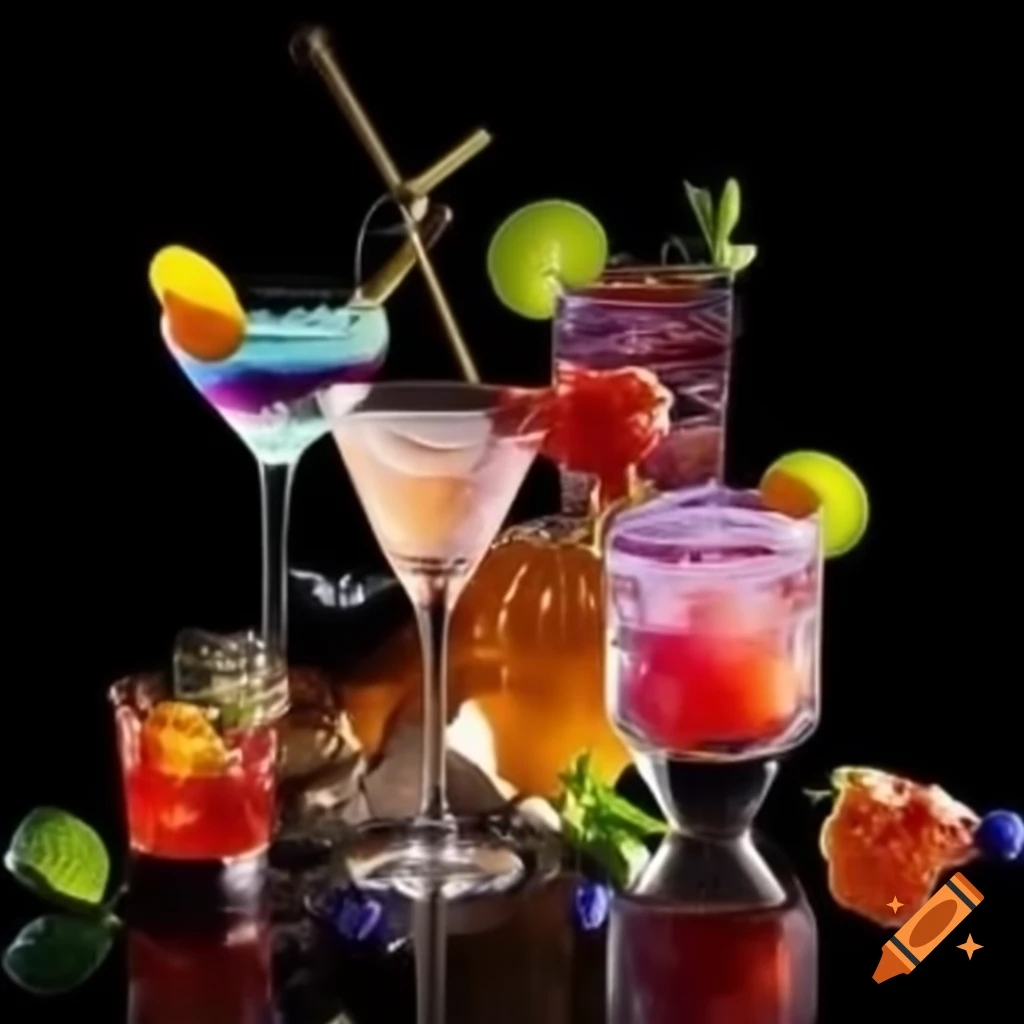 Visually stunning cocktail presentation with vibrant colors and intricate garnishes