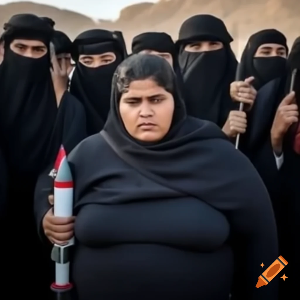 Fat lady with black hair shielding Gan Yavne from rocket attack, surrounded by older Arab men