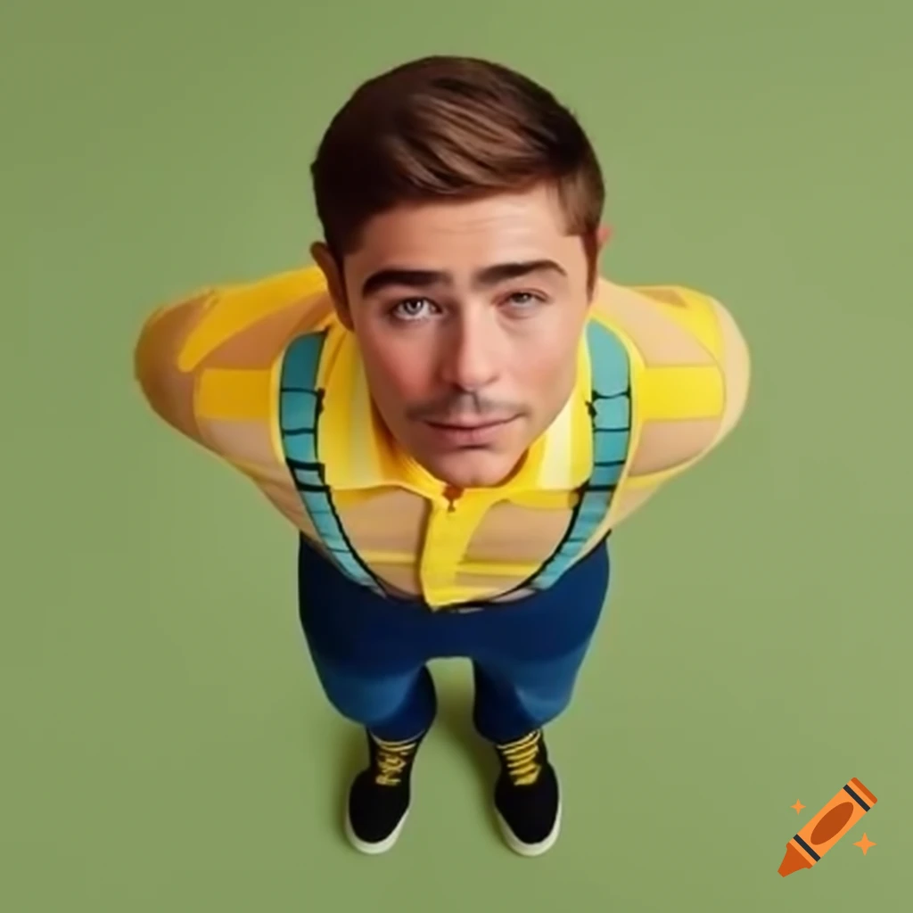 Zac Efron in yellow and grey striped shirt with yellow suspenders and blue jeans