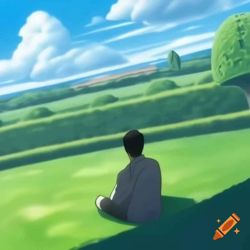 Okiyo-e illustration of a man in garden gazing at the sky