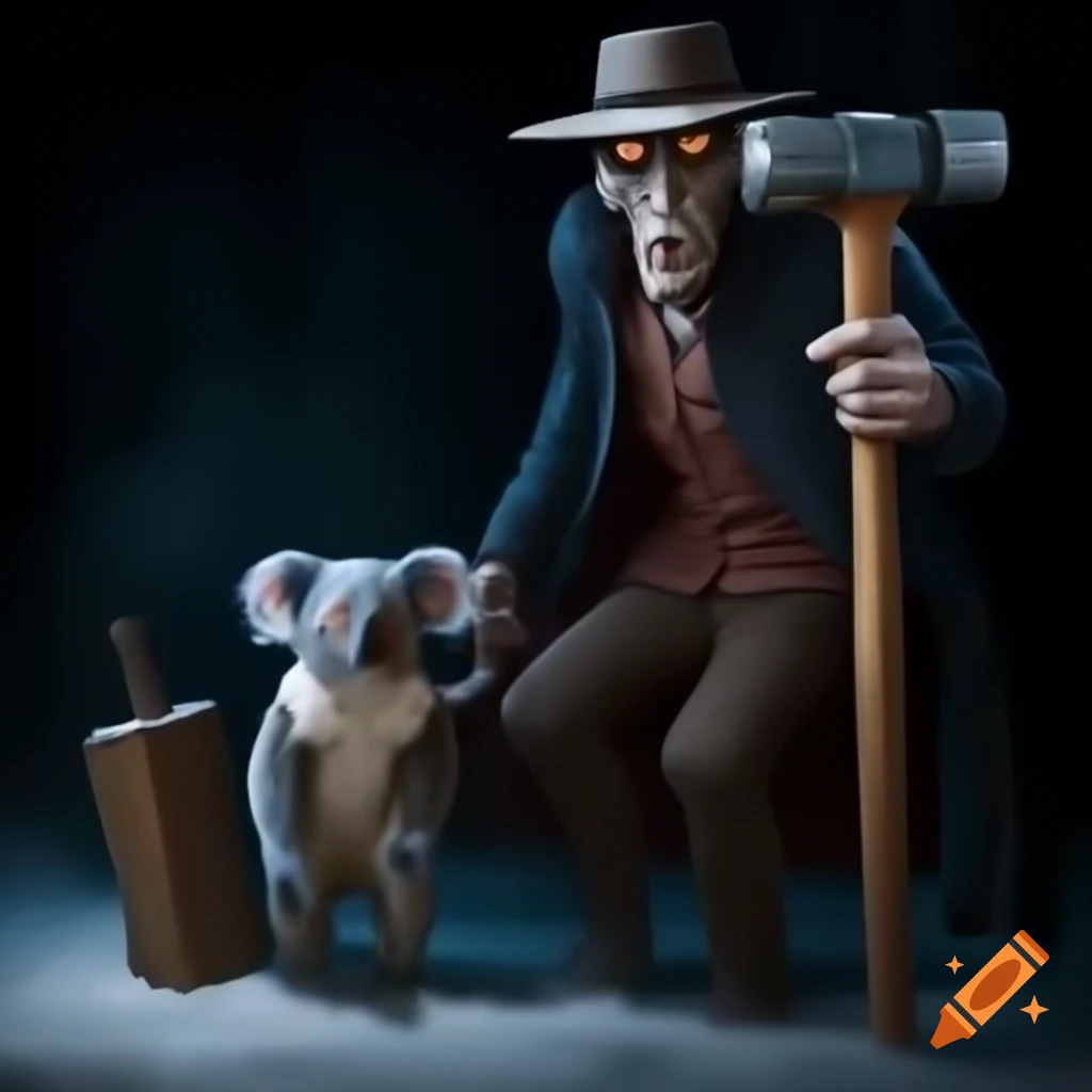 Sinister man with sledgehammer beside a koala