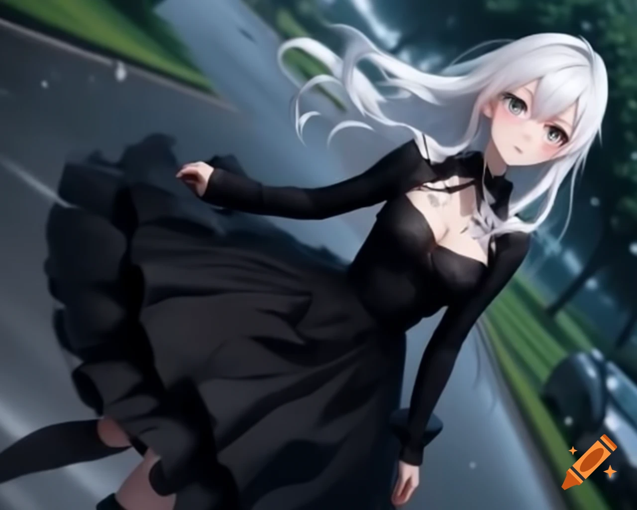 Anime woman with white hair in black dress standing on a rainy day, realistic style