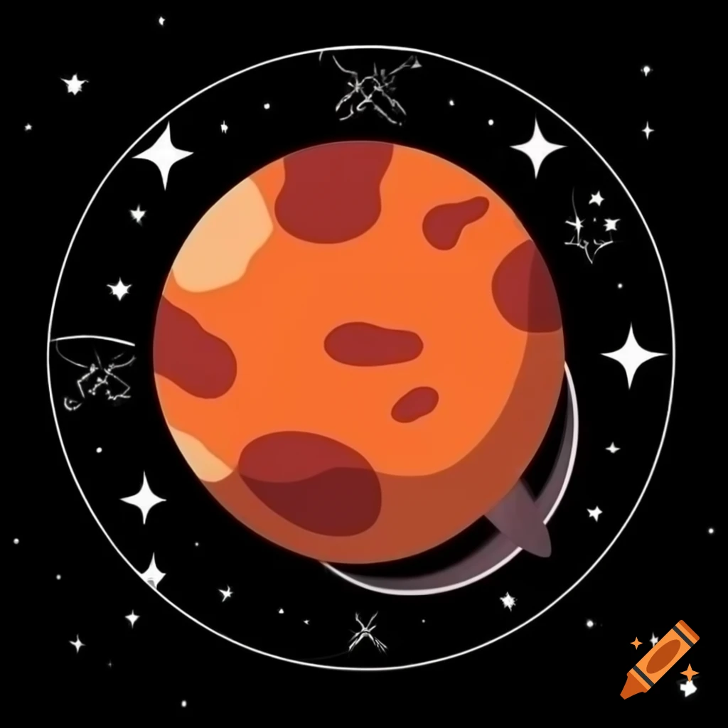 Stylized illustration of mars in space with black background and zodiac