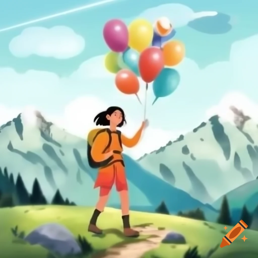 Greeting card with super woman trekking and hiking in mountains, 'Happy Birthday Vale!' balloons