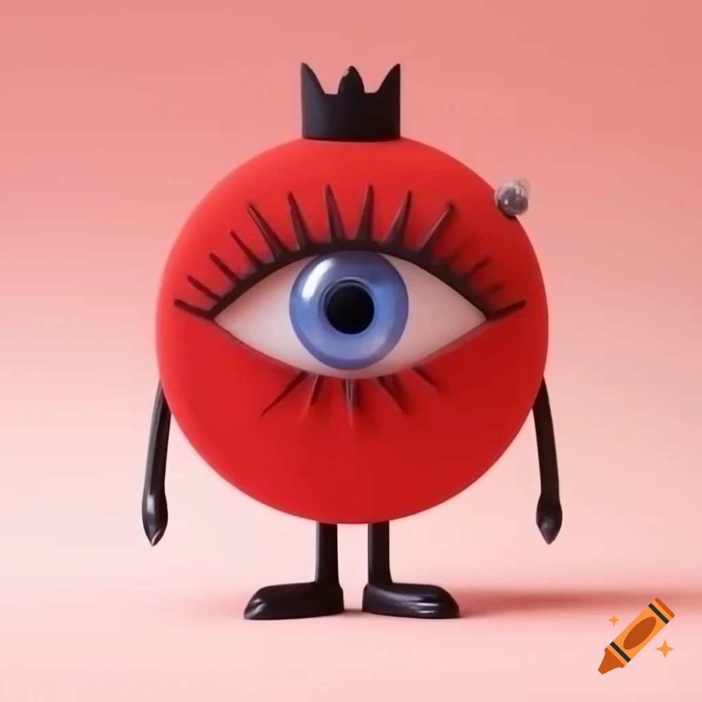 Red circle with eye, black limbs and crown, abstract design
