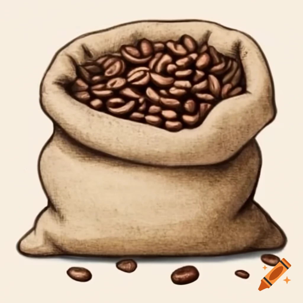 Colored sketch of 1800s burlap sack filled with coffee beans