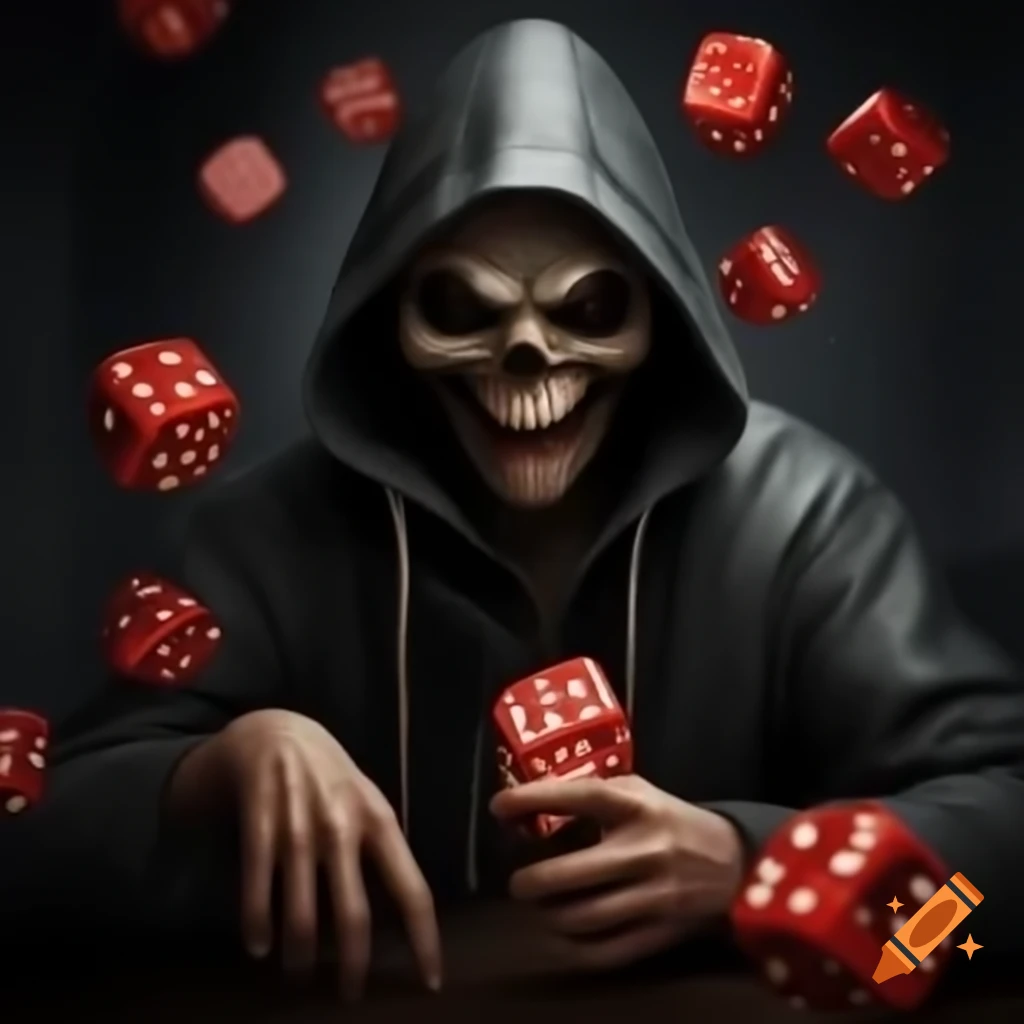 Mysterious hooded figure rolling dice
