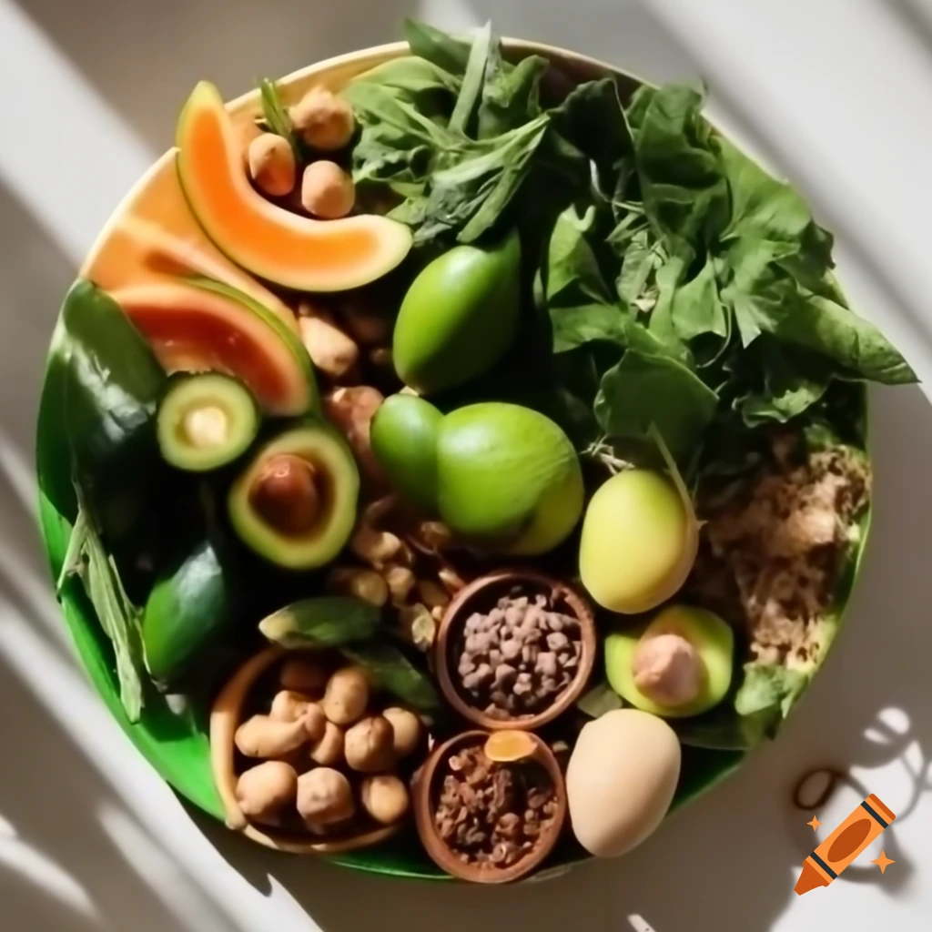Vibrant plate of healthy foods including avocados, nuts, and greens