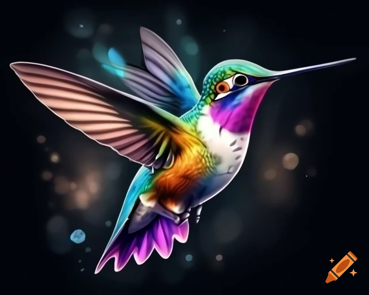 Realistic hummingbird hovering in watercolor rainbow shades, cartoon style