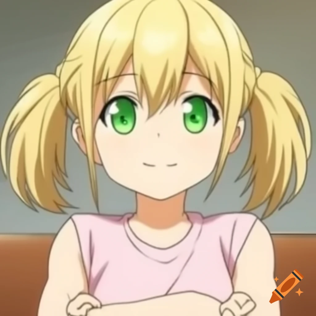 Anime girl with blonde hair and green eyes wearing a pink t-shirt