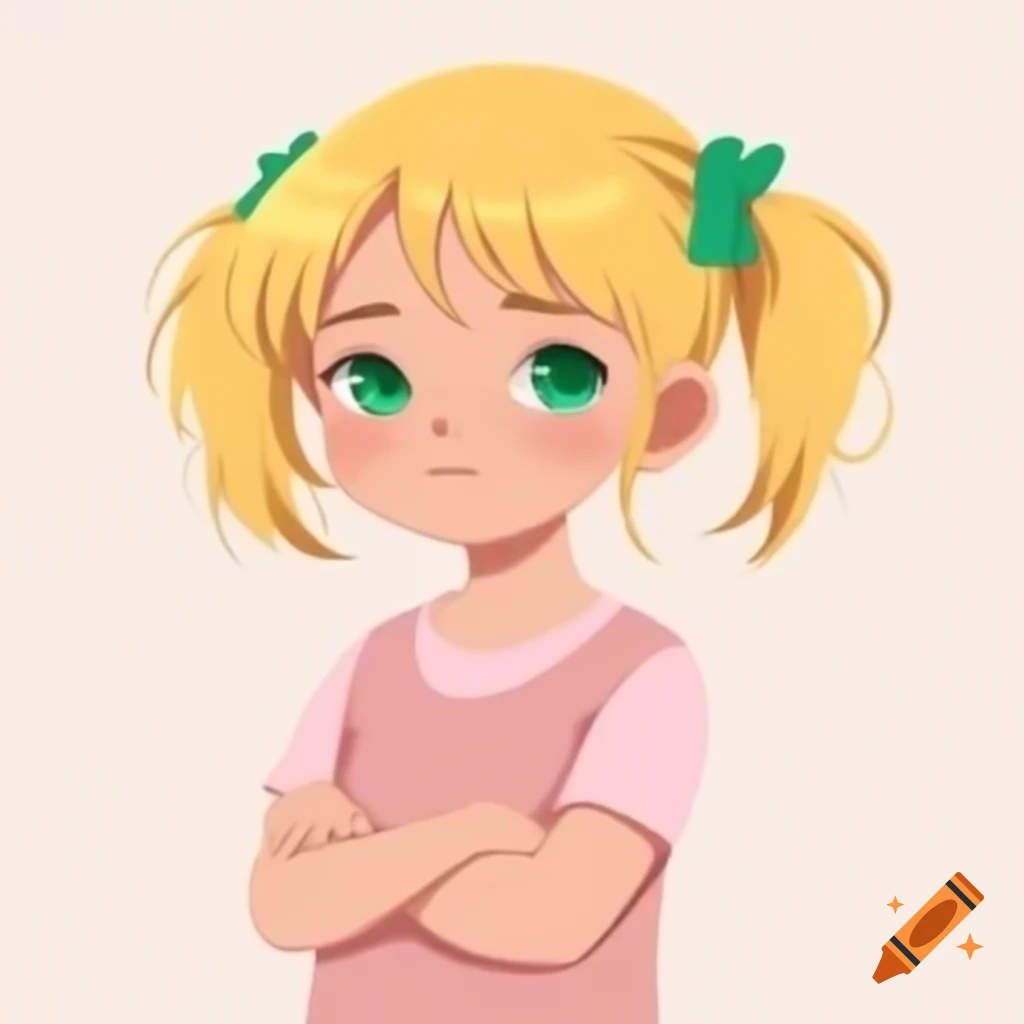 Anime girl with blonde hair and green eyes, arms crossed in light pink t-shirt