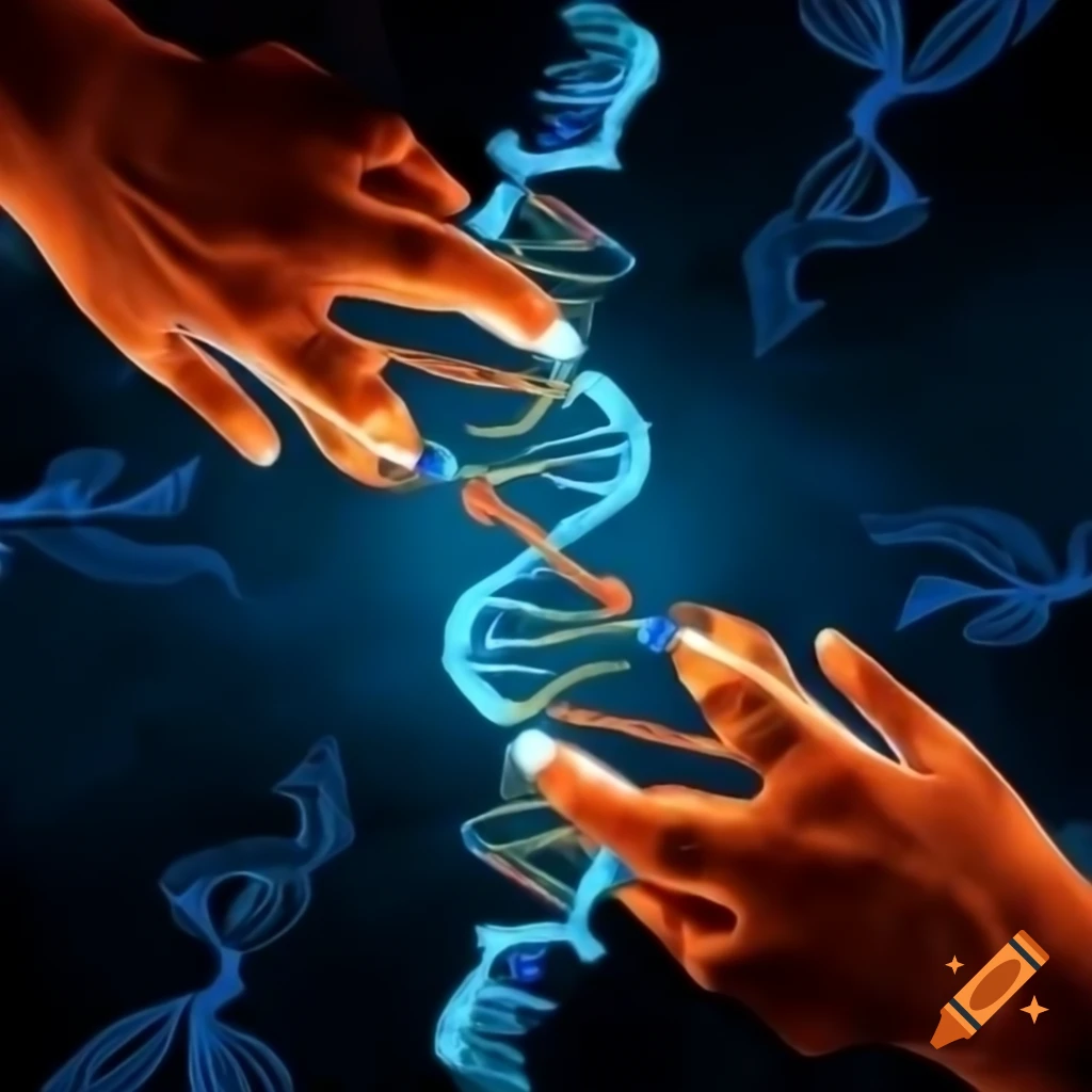 Close-up of hands reaching out in creation scene with RNA molecules covalently attaching