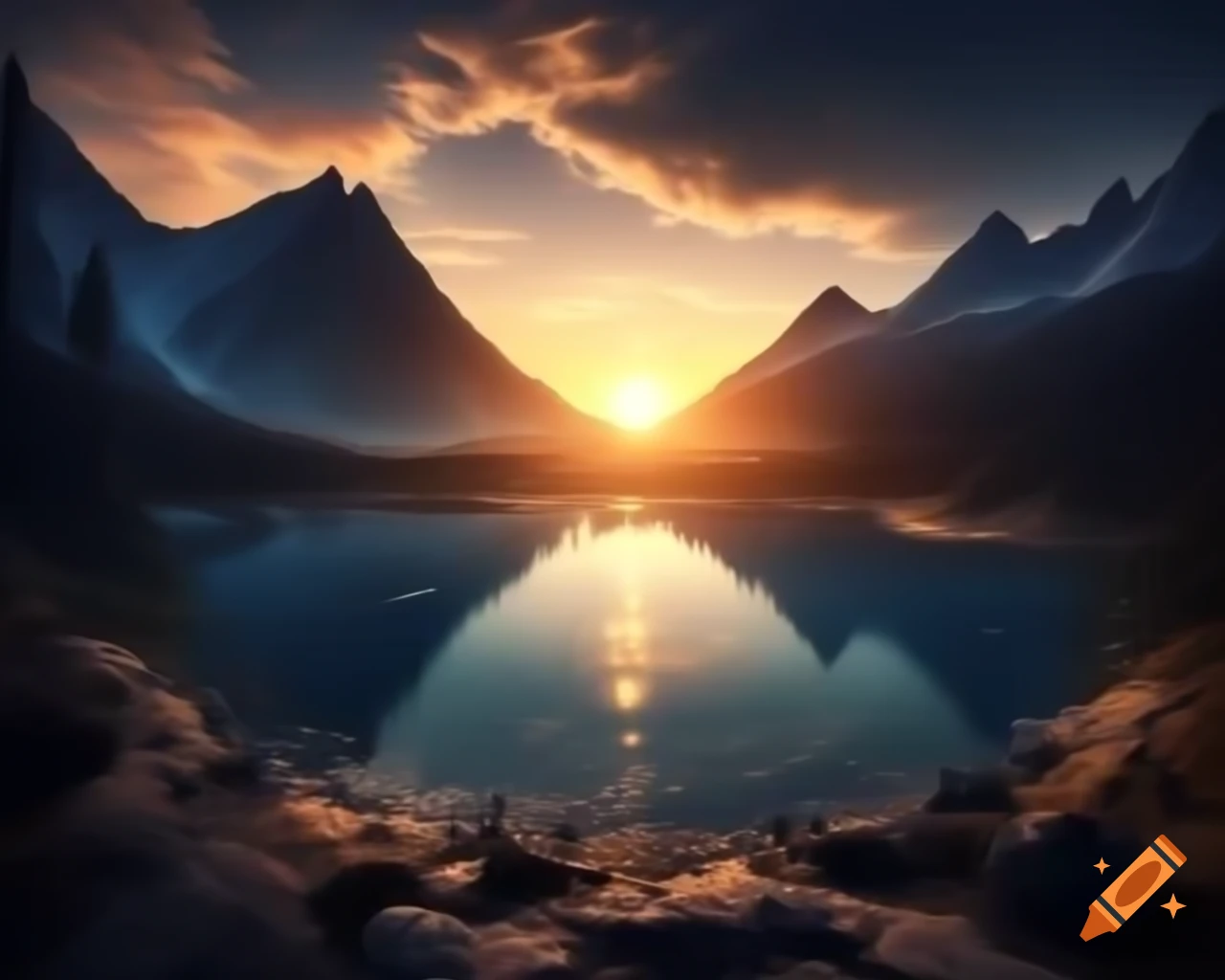 Photorealistic 3D render of mountain lake at sunset with sun rays and island in background