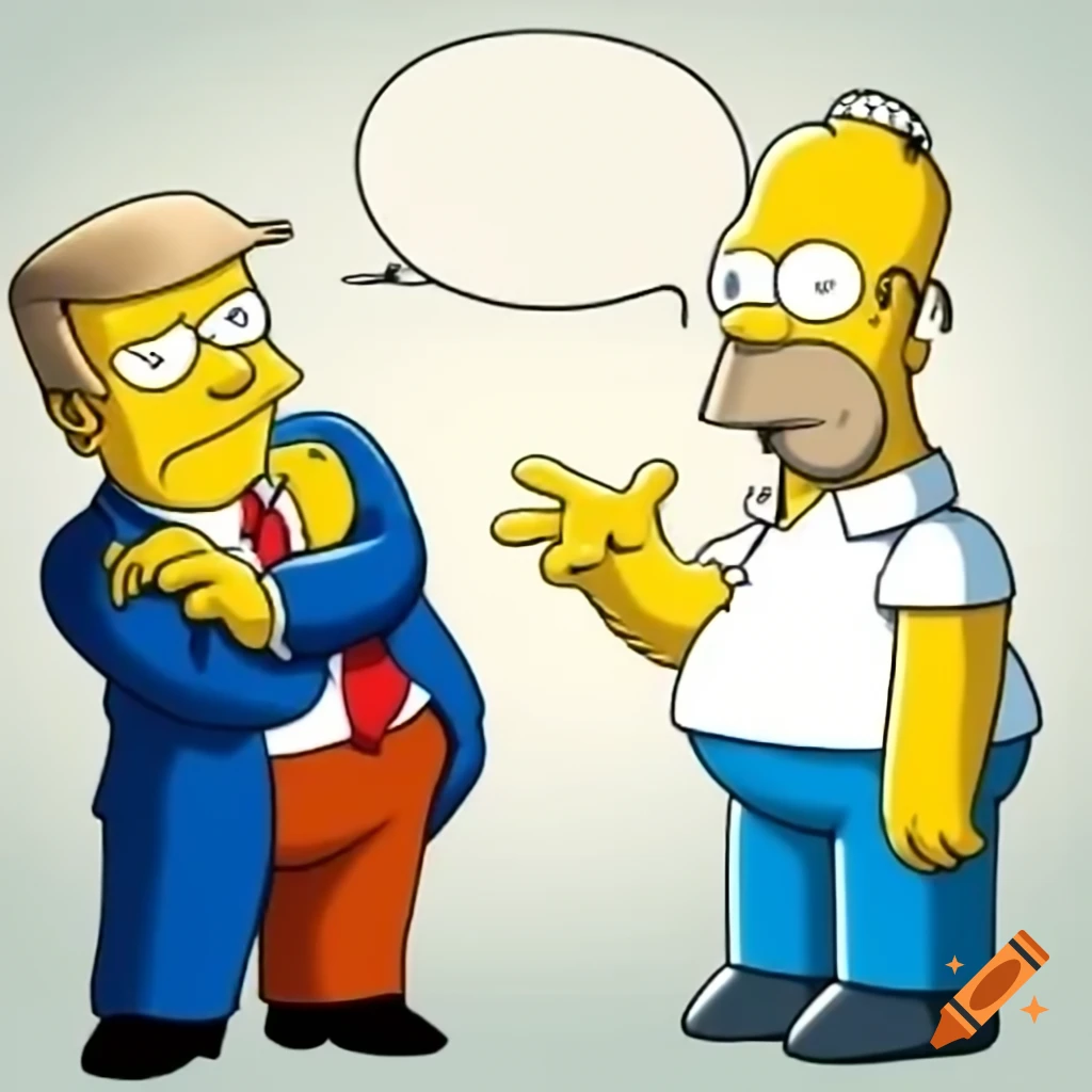 Cartoon scene of Donald Trump and Homer Simpson arguing in Springfield
