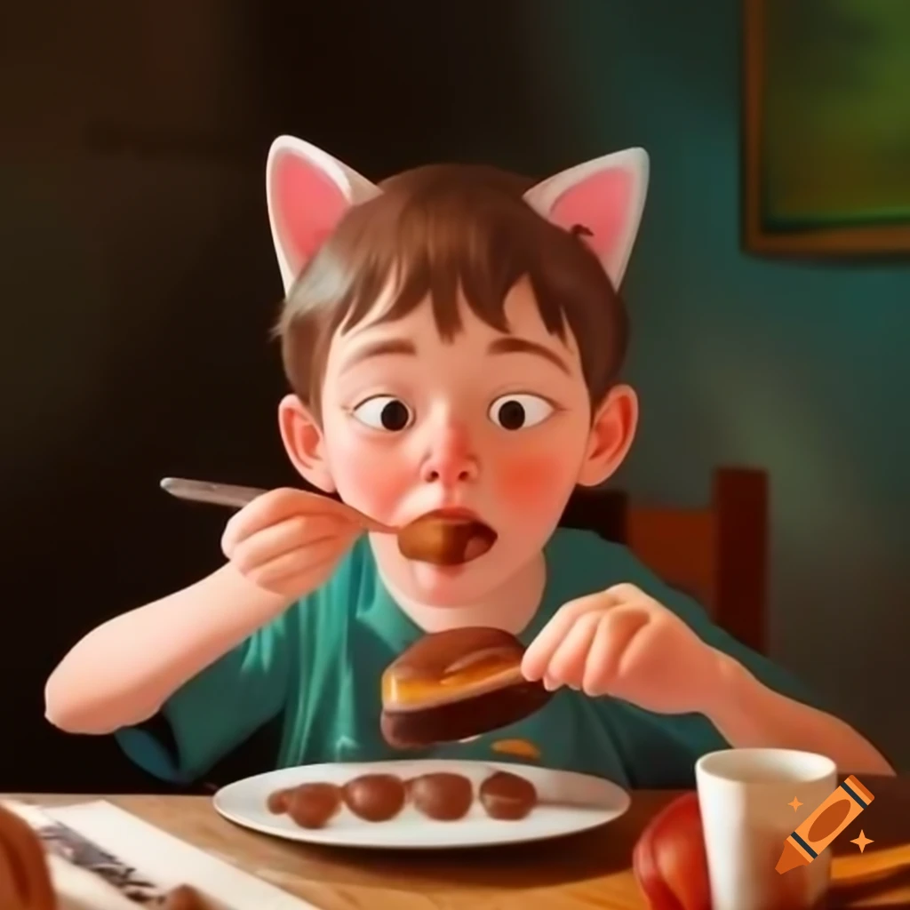 Boy with cat ears enjoying chocolate