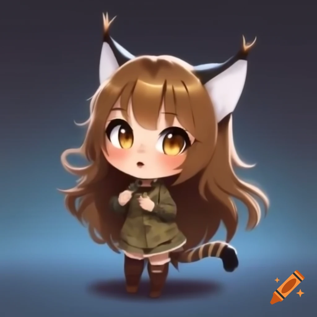 Anime chibi style girl with wild bobcat