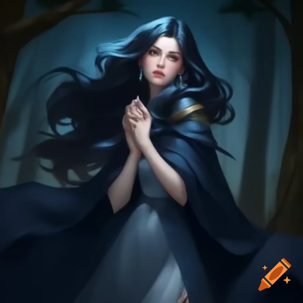 Frighened dark-haired woman in flowing cape and gown in woods at night