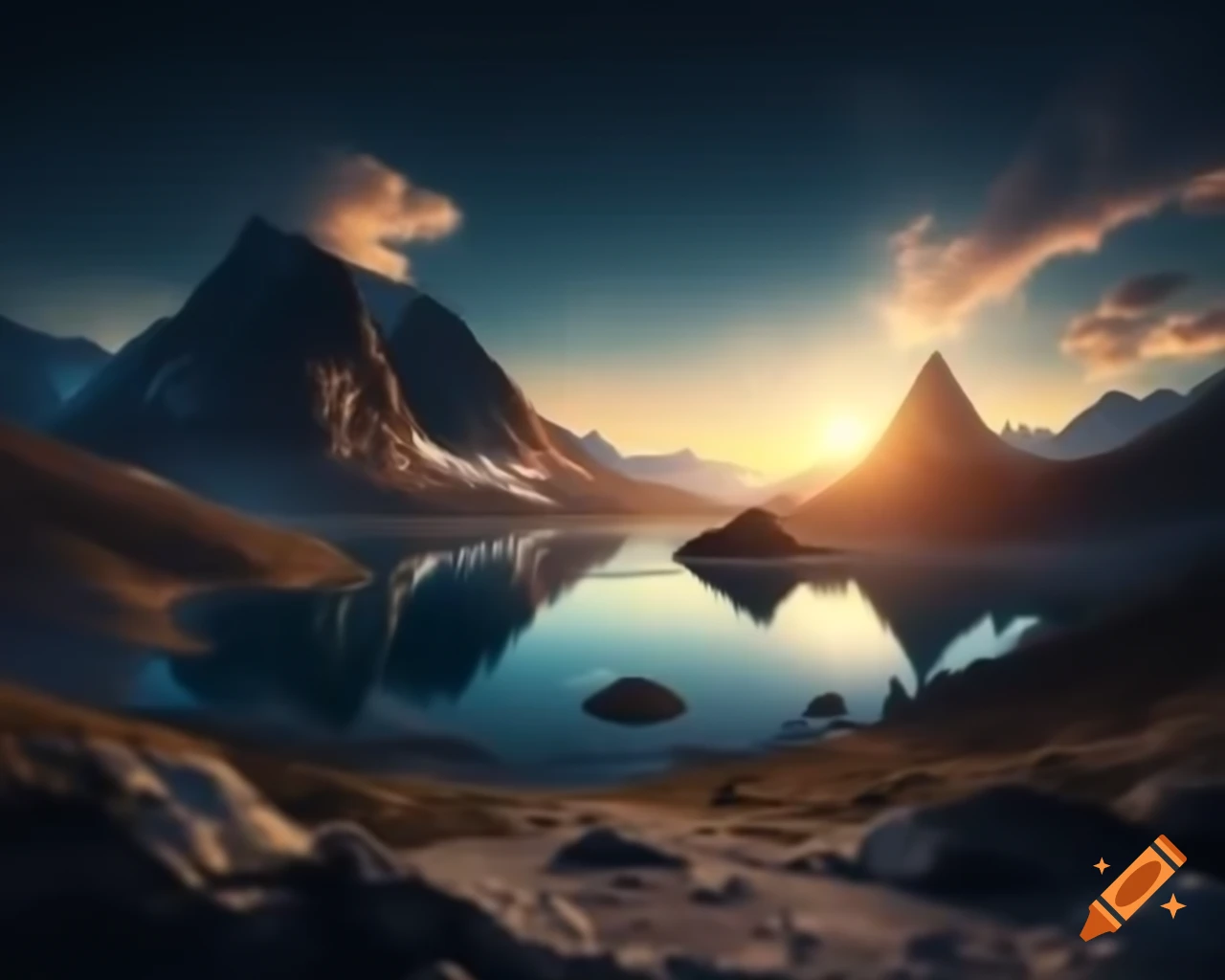Photorealistic 3D render of mountain lake at sunset with sun rays and island in background