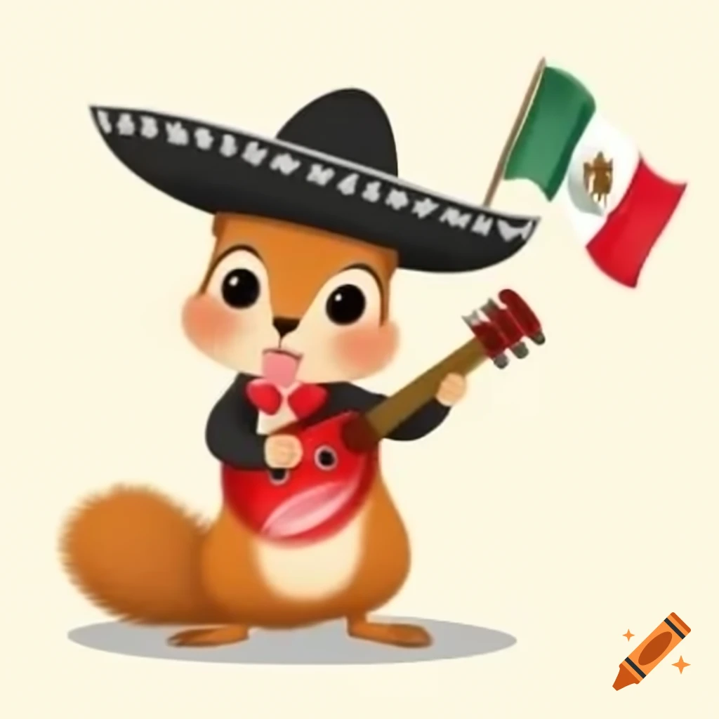 Happy squirrel in charro outfit holding red guitar with Mexican flag background