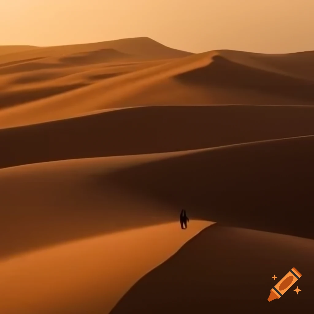 Solitary figure walking on vast sand dunes with warm glowing light