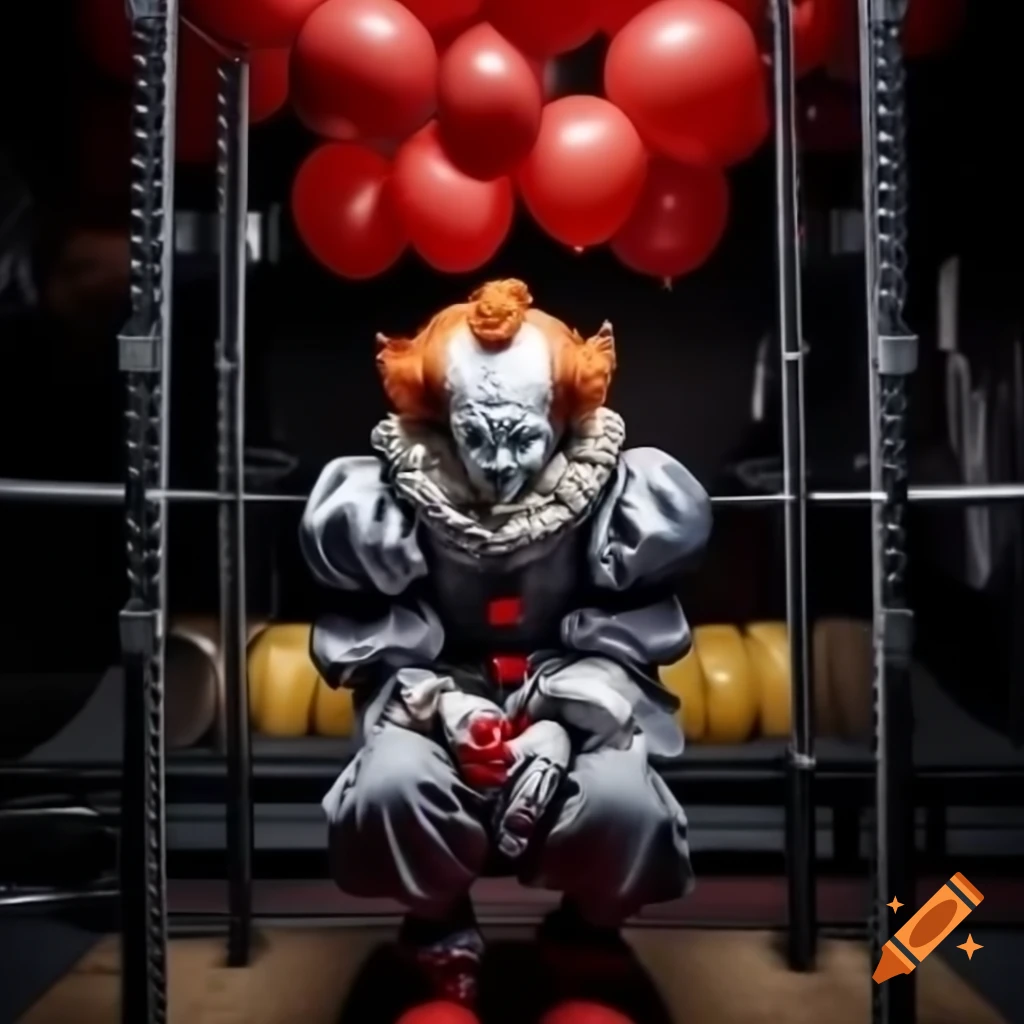 Pennywise the evil clown lurking in weight room surrounded by red balloons