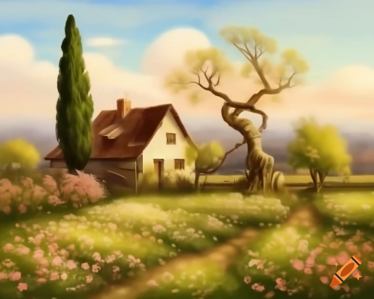 Cottagecore landscape painting of rural house with flowering vines and twisted tree