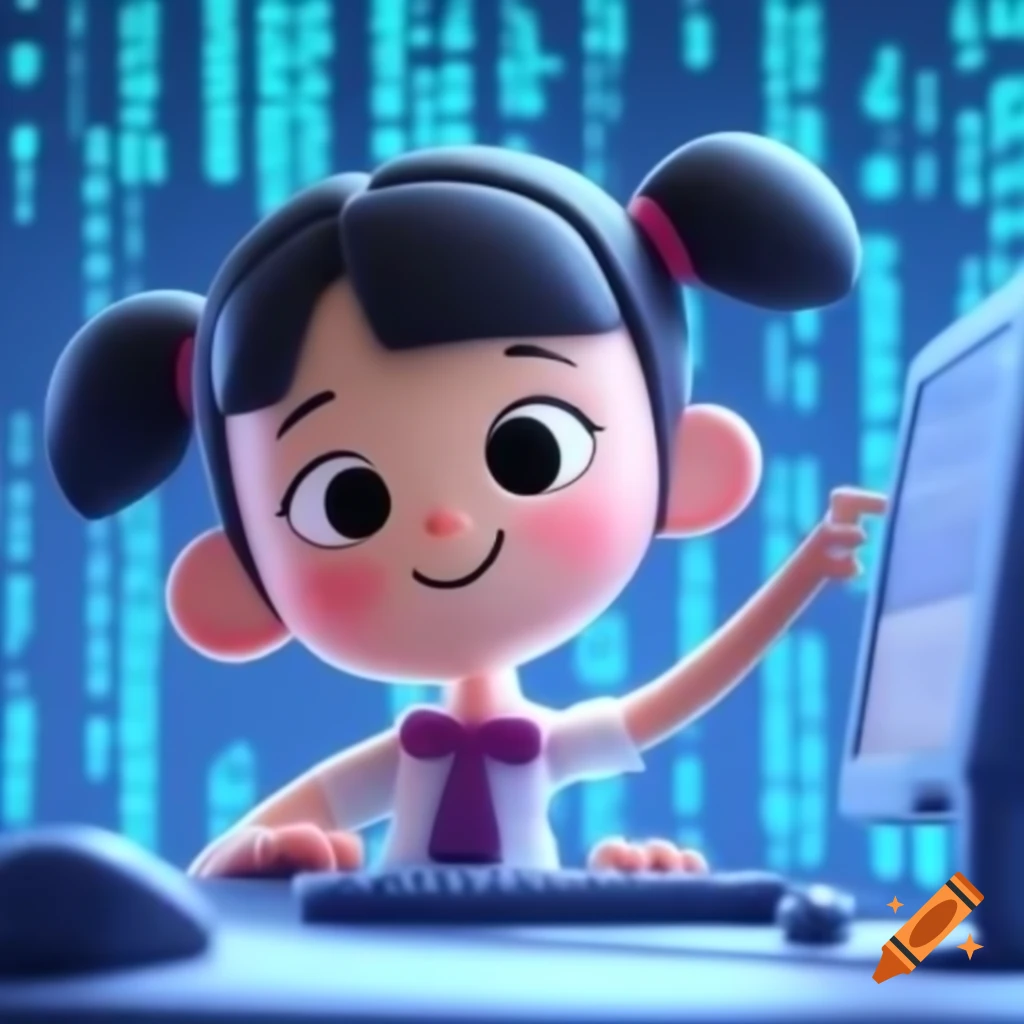 Cartoon girl with strong arm and computer code background