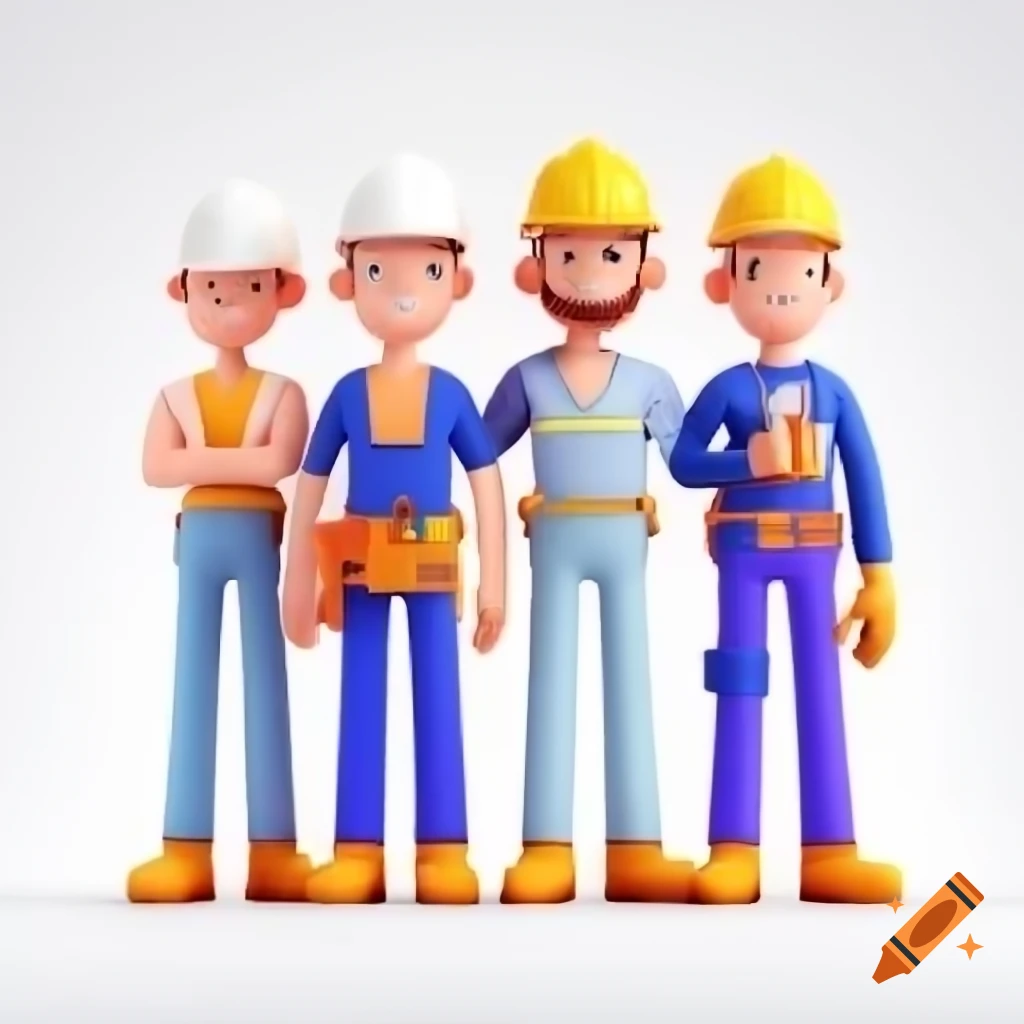 3D illustration of construction workers on a white background