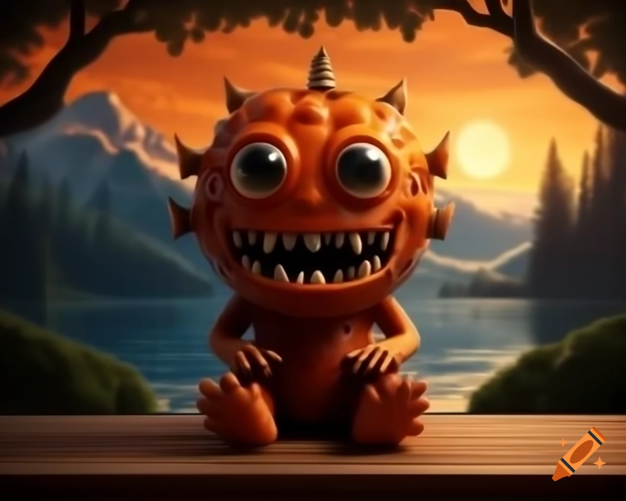 3D orange tree monster with human face on wooden table in forest