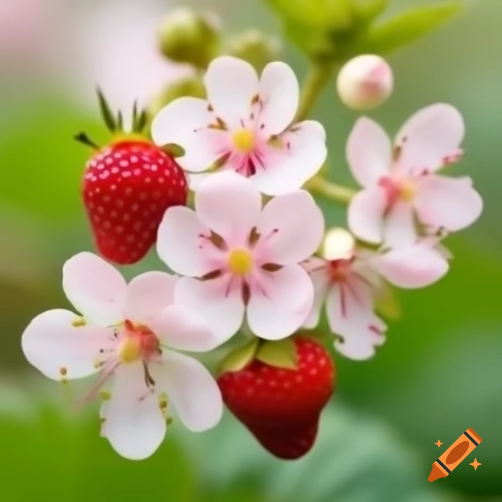 Pink and white blossoms on strawberry plant with promise of ripe fruits