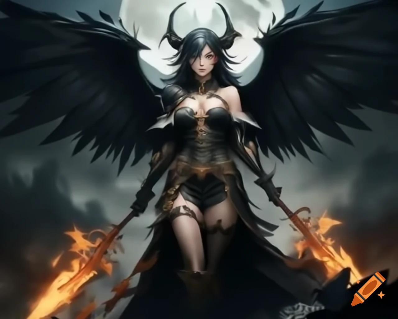Dark fantasy character with wings in misty moonlit background