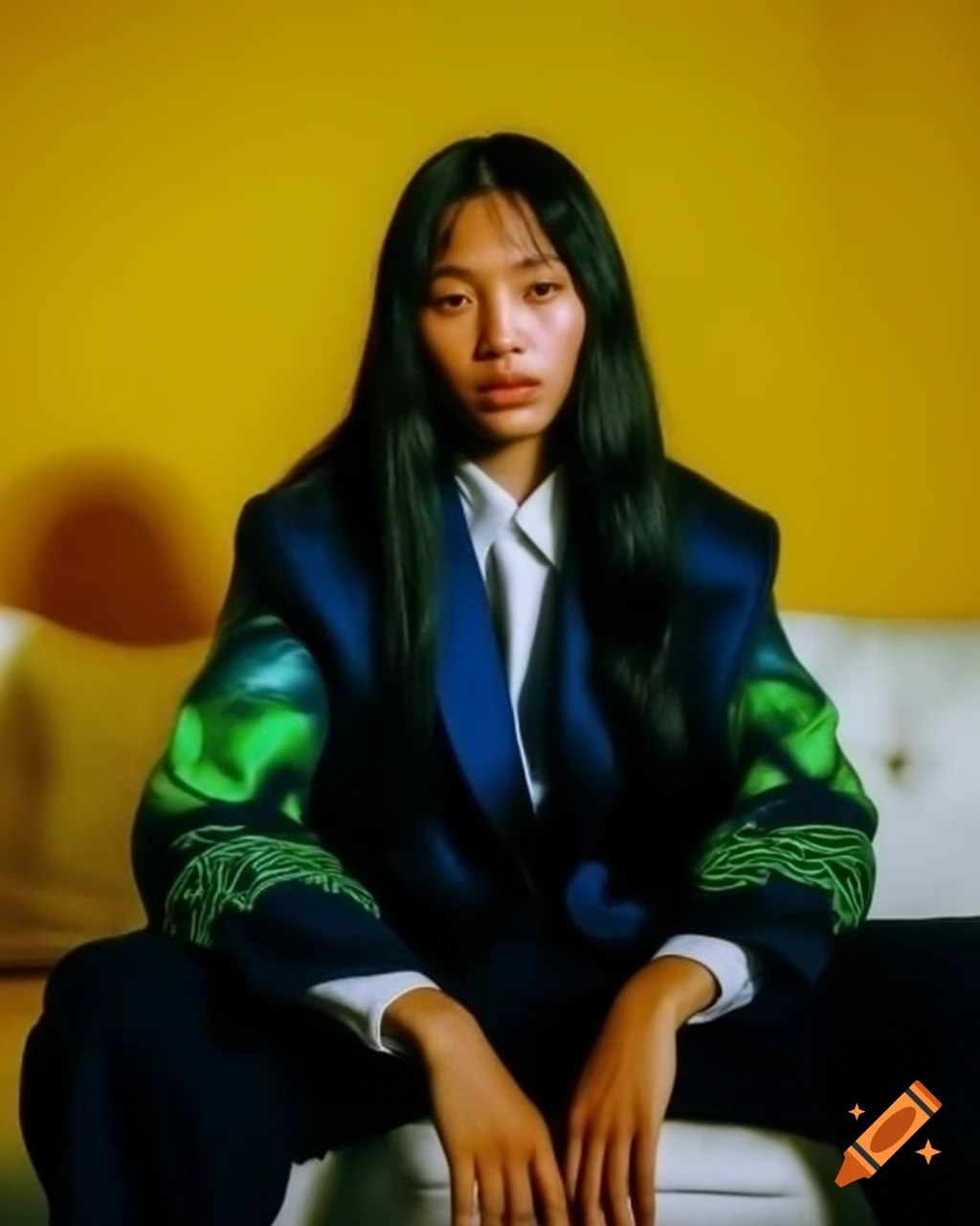 Woman in northern lights jacket sitting on white sofa against yellow background