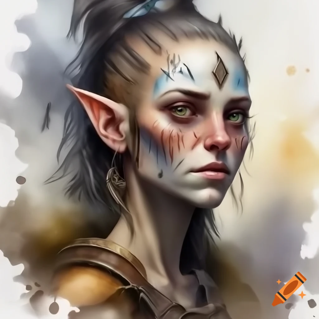 Realistic watercolor painting of a hobgoblin warrior with uneven skin tones