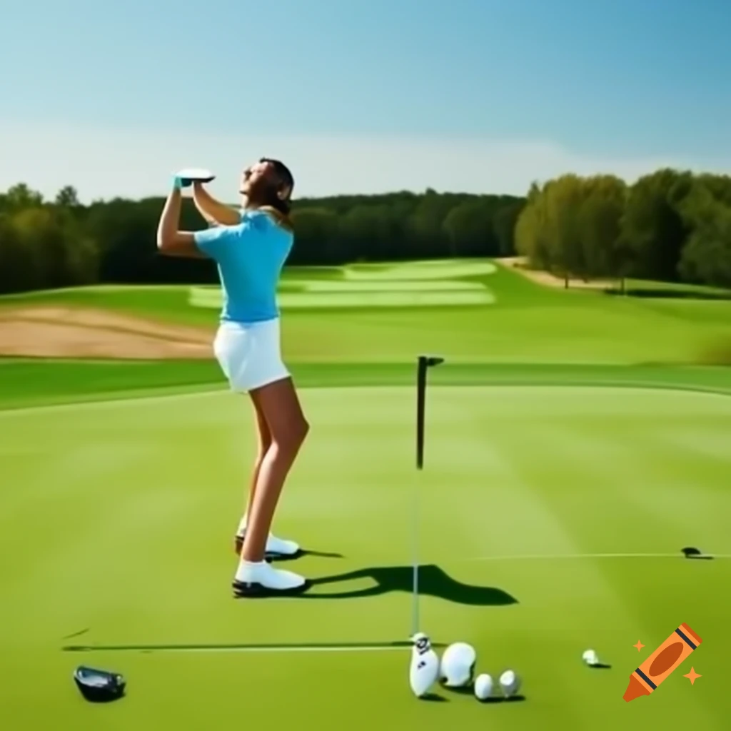 Female golfer playing golf with Titleist ball in scenic setting
