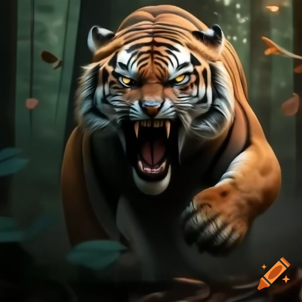Fierce tiger mid-leap attacking large bear in dense forest