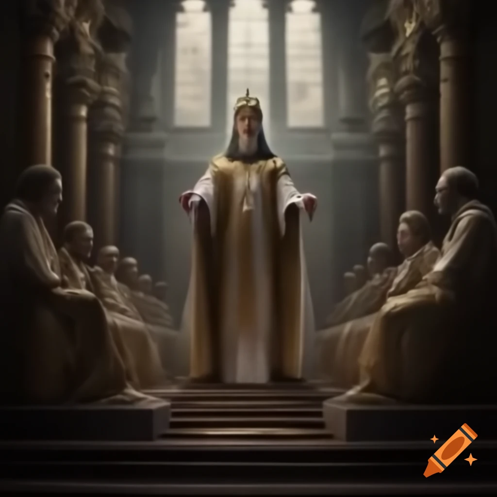 Coronation ceremony of a king by high priest with pagan statues in historic setting