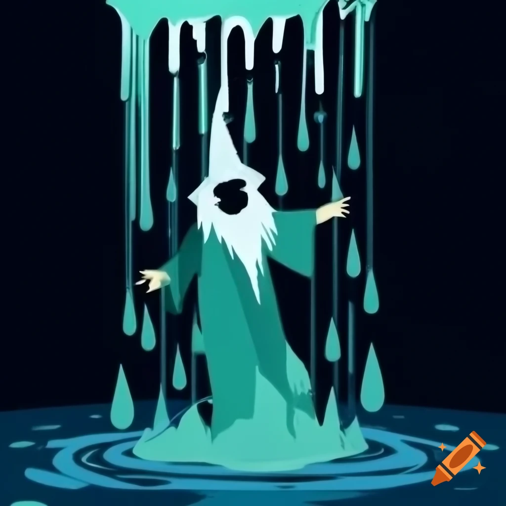 Waterfall creating spectral figure resembling a wizard among cascading