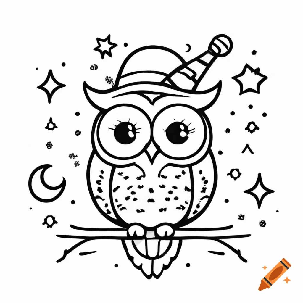 Wise owl in magician's hat with floating stars and moons, line art coloring page