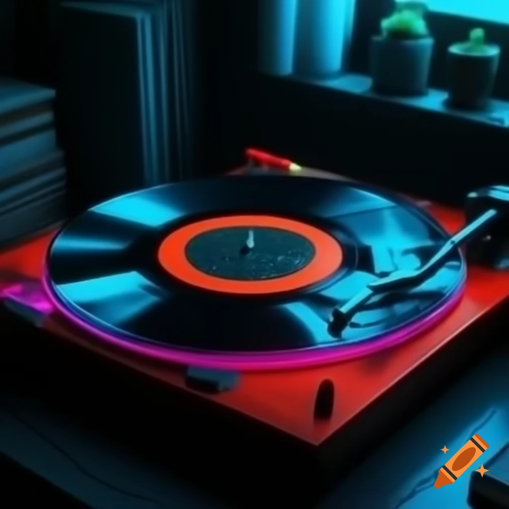 Dystopian-themed vinyl record with neon accents