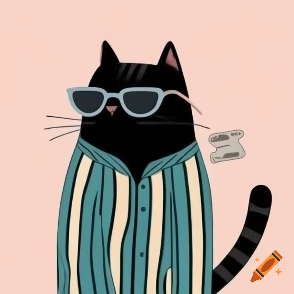 Cartoon art of a black cat with pajama stripes and sunglasses