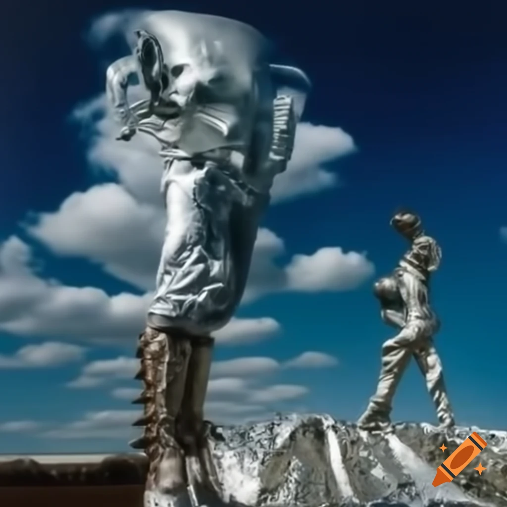Pop surreal photography featuring a silver statue from the 2000s
